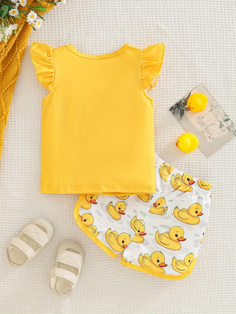 Baby Girl Yellow Duck Print Outfit Set – Cute Flutter Sleeve Top & Matching Shorts