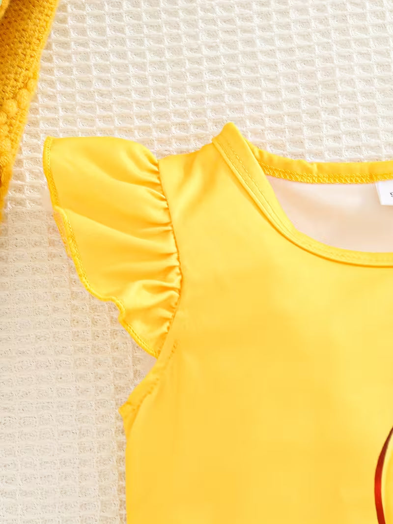 Baby Girl Yellow Duck Print Outfit Set – Cute Flutter Sleeve Top & Matching Shorts
