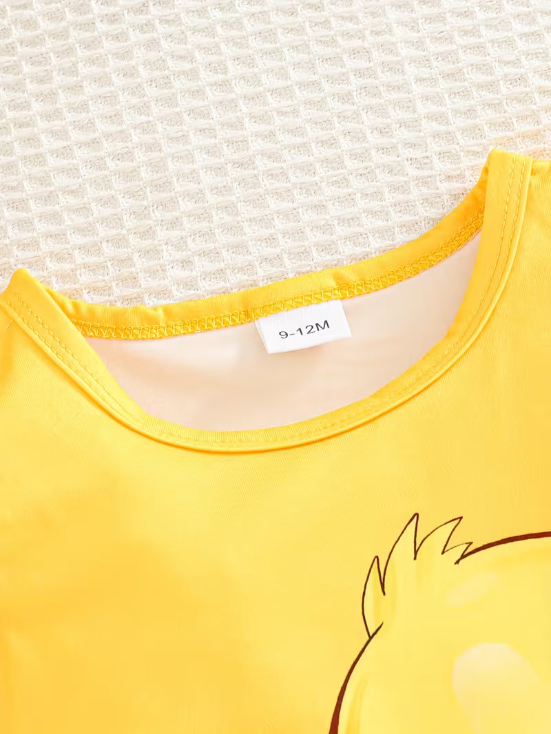 Baby Girl Yellow Duck Print Outfit Set – Cute Flutter Sleeve Top & Matching Shorts