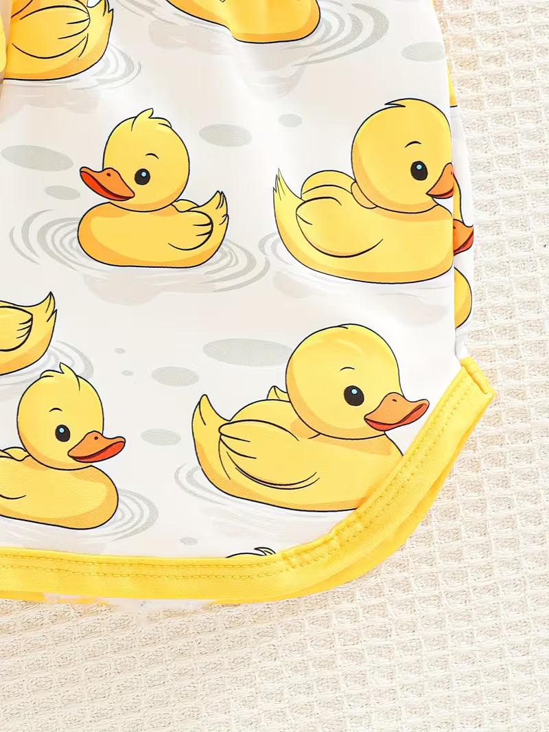 Baby Girl Yellow Duck Print Outfit Set – Cute Flutter Sleeve Top & Matching Shorts