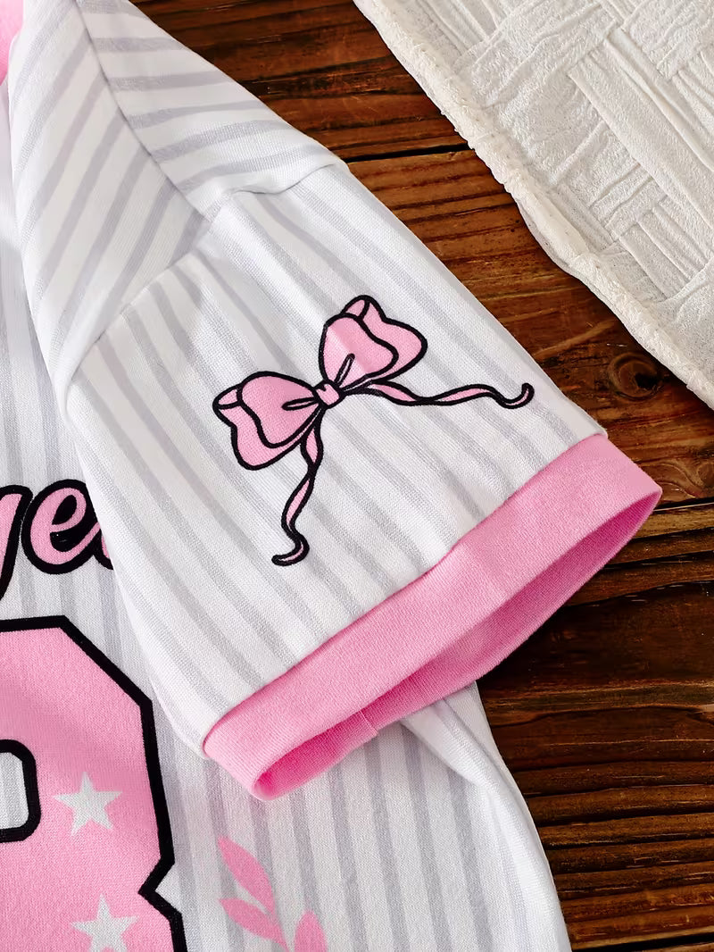 Baby Girls’ Summer Outfit Set – Gray Striped Short-Sleeve Top & Matching Pink Shorts