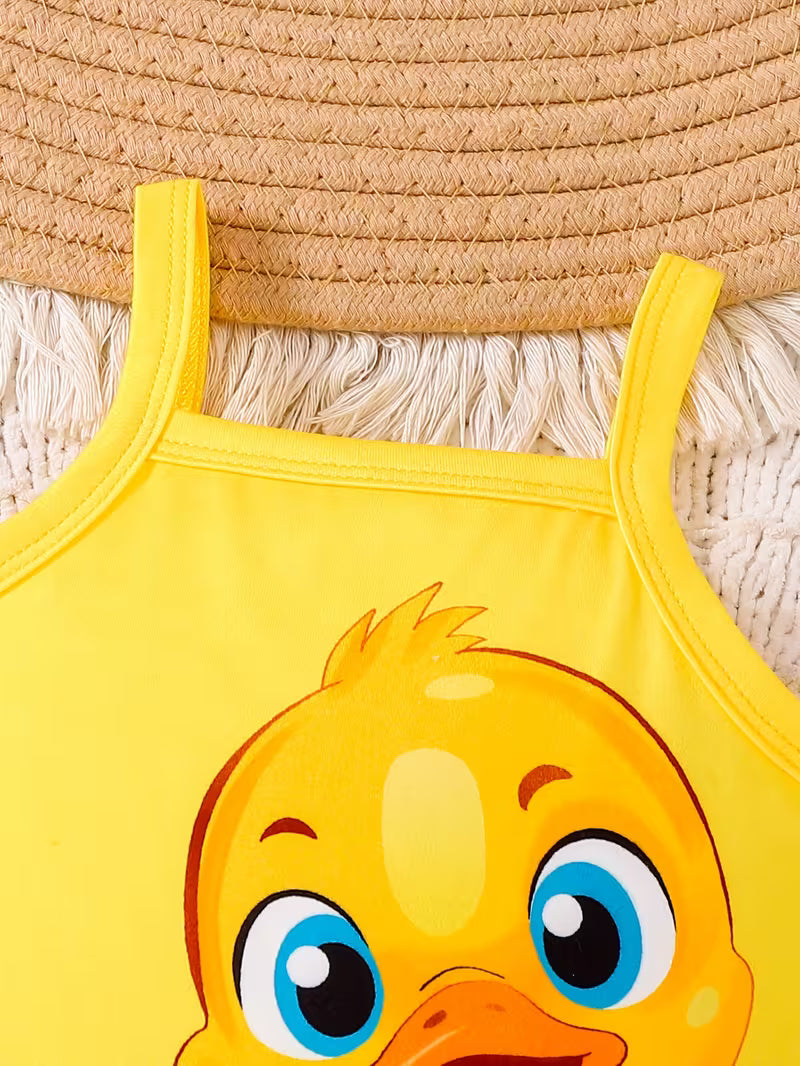 3-Piece Baby Girl Clothing Set – Cute Yellow Duck Print Romper for Spring & Summer