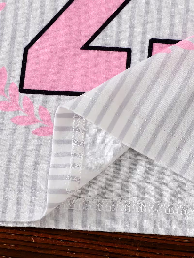 Baby Girls’ Summer Outfit Set – Gray Striped Short-Sleeve Top & Matching Pink Shorts