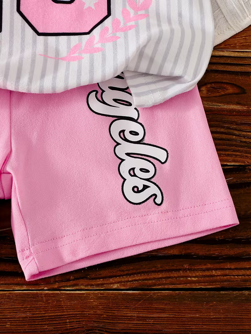 Baby Girls’ Summer Outfit Set – Gray Striped Short-Sleeve Top & Matching Pink Shorts