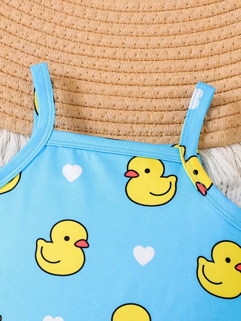 3-Piece Baby Girl Clothing Set – Cute Yellow Duck Print Romper for Spring & Summer