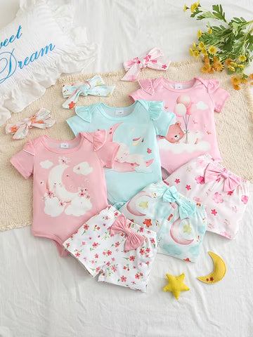 6-Piece Baby Girls’ Outfit Set – Cute Cartoon Print Rompers, Floral Bodysuits & Bow Shorts