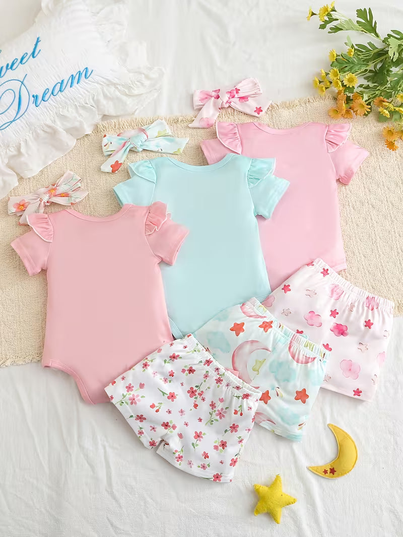 6-Piece Baby Girls’ Outfit Set – Cute Cartoon Print Rompers, Floral Bodysuits & Bow Shorts