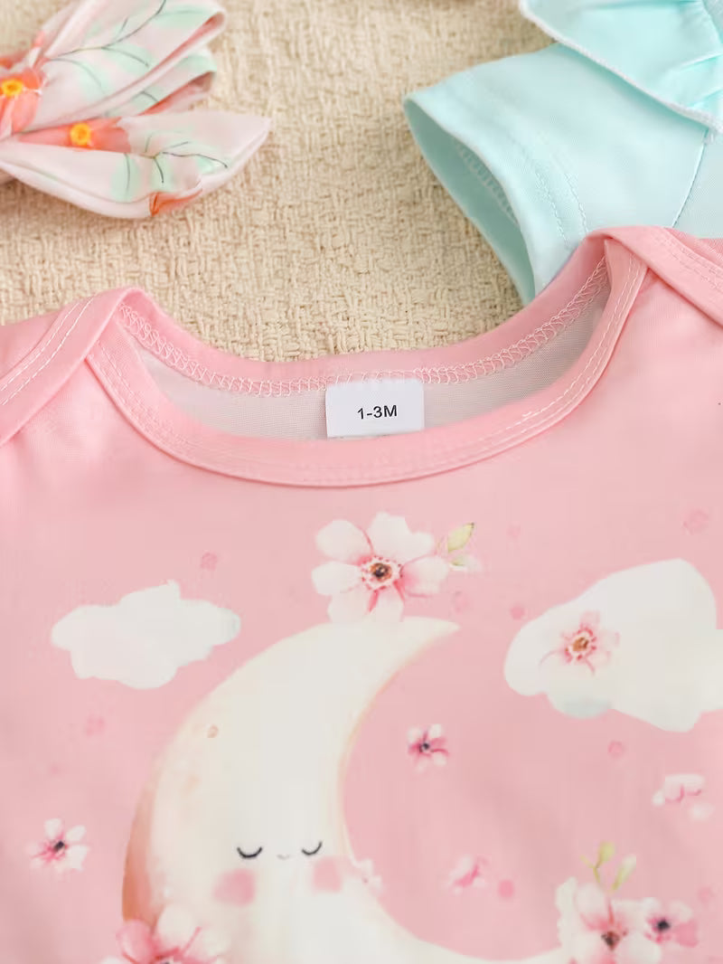 6-Piece Baby Girls’ Outfit Set – Cute Cartoon Print Rompers, Floral Bodysuits & Bow Shorts