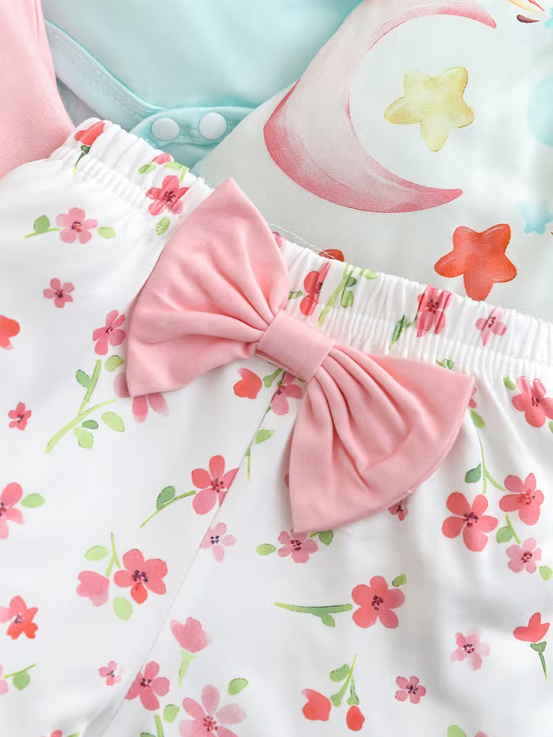 6-Piece Baby Girls’ Outfit Set – Cute Cartoon Print Rompers, Floral Bodysuits & Bow Shorts