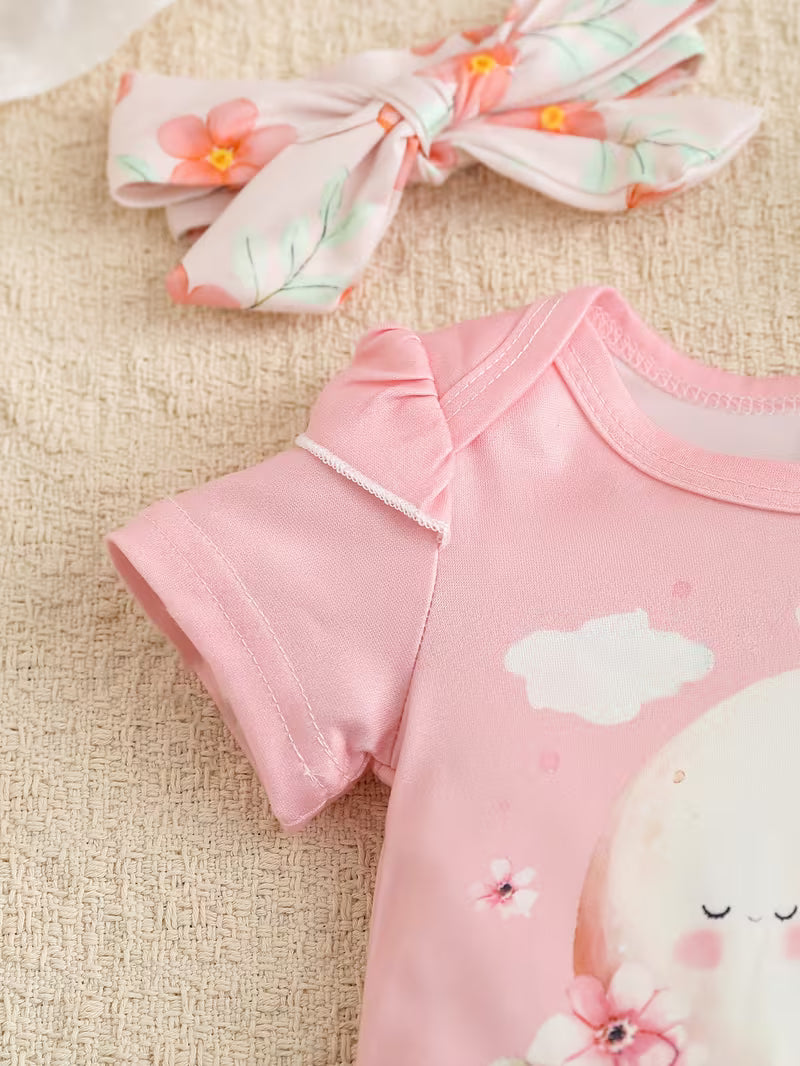 6-Piece Baby Girls’ Outfit Set – Cute Cartoon Print Rompers, Floral Bodysuits & Bow Shorts