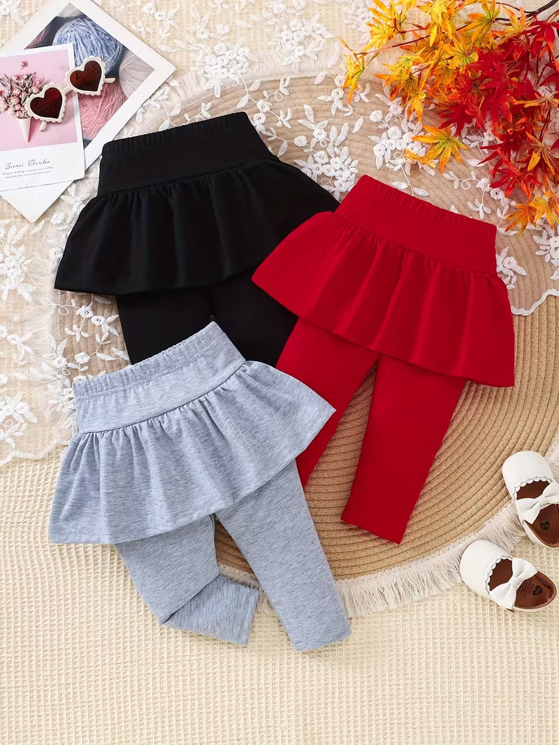 Baby Girls’ 3-Piece Outfit Set – Solid Color Top, Skirt-Hem Leggings & Cute Everyday Style
