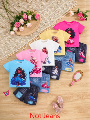 10-Piece Baby Girls’ Clothing Set – Cute Princess-Style Printed T-Shirts & Denim-Look Shorts