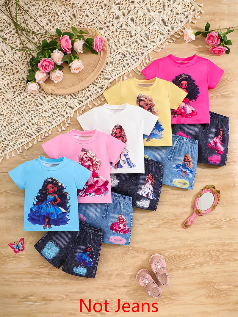 10-Piece Baby Girls’ Clothing Set – Cute Princess-Style Printed T-Shirts & Denim-Look Shorts