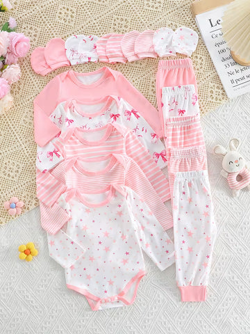 20-Piece Newborn Baby Girls’ Clothing Set – Pink Star & Striped Knitted Rompers, Pants and Gloves