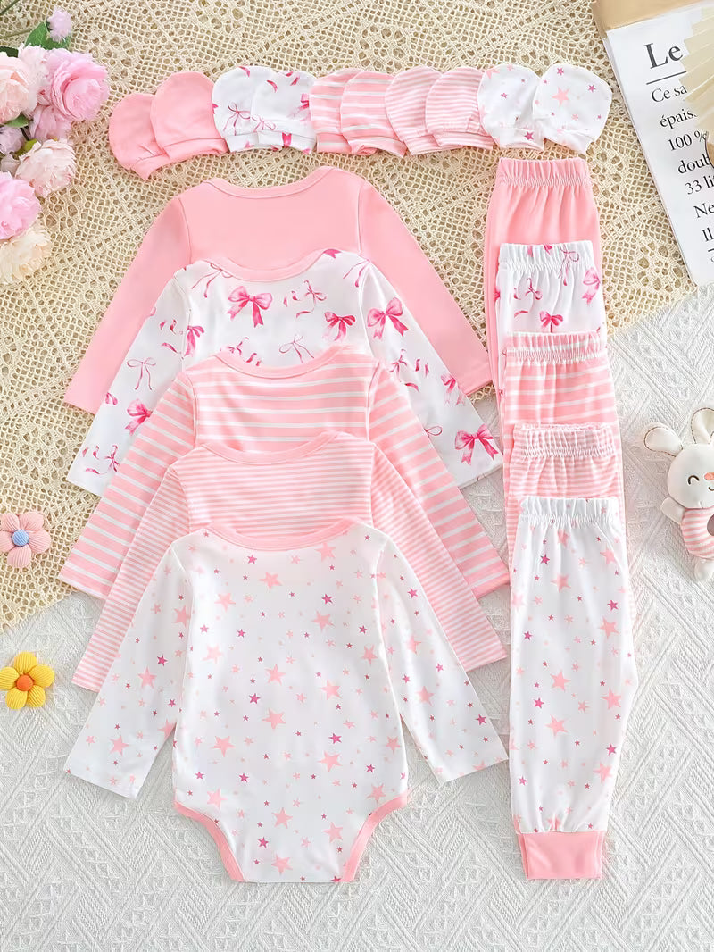 20-Piece Newborn Baby Girls’ Clothing Set – Pink Star & Striped Knitted Rompers, Pants and Gloves