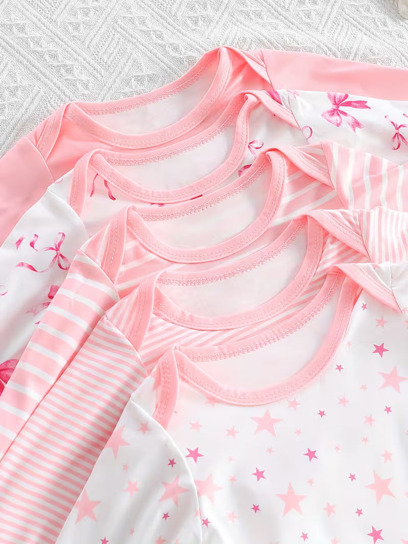 20-Piece Newborn Baby Girls’ Clothing Set – Pink Star & Striped Knitted Rompers, Pants and Gloves