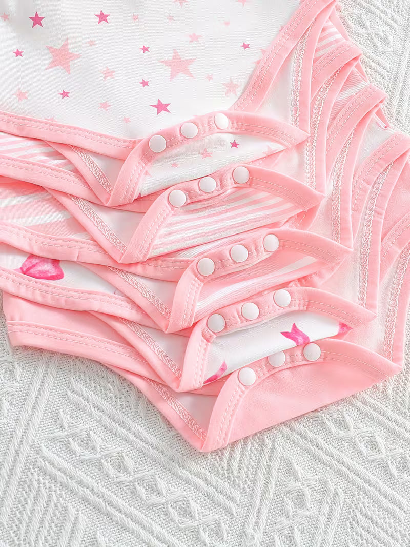 20-Piece Newborn Baby Girls’ Clothing Set – Pink Star & Striped Knitted Rompers, Pants and Gloves